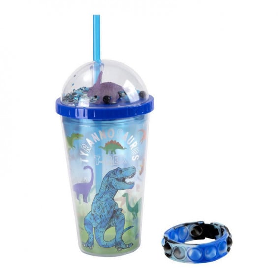 Vaso con Pajita y Pulsera Dino Brilla en la Oscuridad