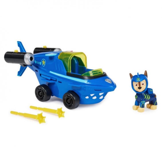 Paw Patrol Aqua Pups Figura Chase con Coche Transformable Tiburón