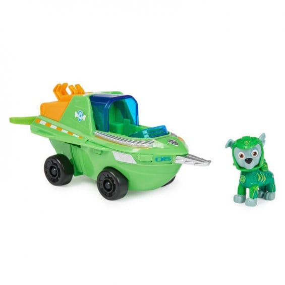 Paw Patrol Aqua Pups Figura Rocky con Coche Transformable Pez Sierra