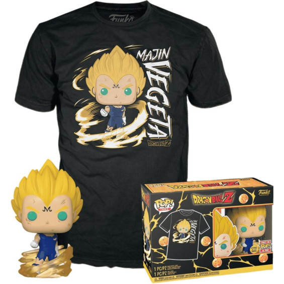 Funko Pop! & Tee Animation Dragon Ball Z Pack Figura Majin Vegeta Brilla en la Oscuridad y Camiseta Talla L