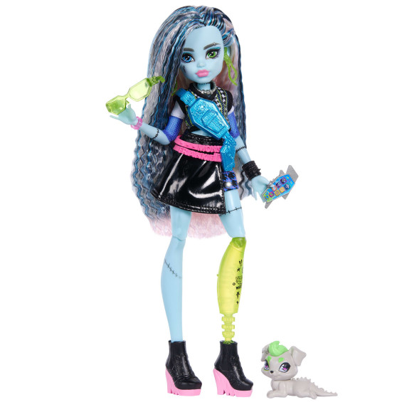 Monster High Muñeca Frankie Stein con Mascota Watzie y 7 Accesorios