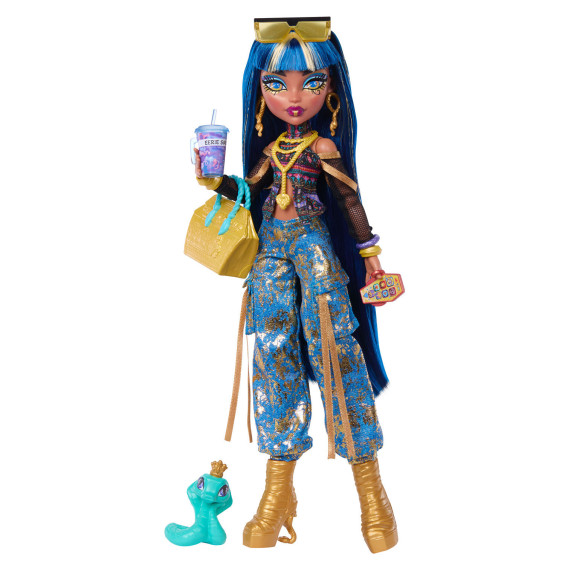 Monster High Muñeca Cleo de Nile con Mascota Hissette y 7 Accesorios