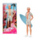 Barbie The Movie Muñeco Ken con Conjunto de Playa a Rayas Rosa y Verde Pastel, Tabla de Surf y Zapatillas