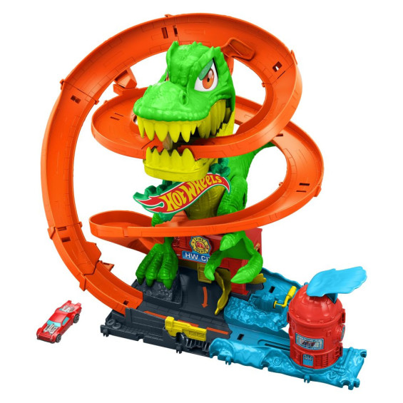 Hot Wheels City Conjunto de Juego T-Rex Batalla en Llamas con Coche Metálico Escala 1:64 y Dinosaurio Enemigo