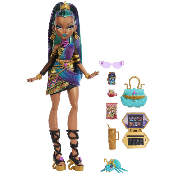 Monster High Muñeca Nefera De Nile con Escarabajo Mascota Lavish y Accesorios