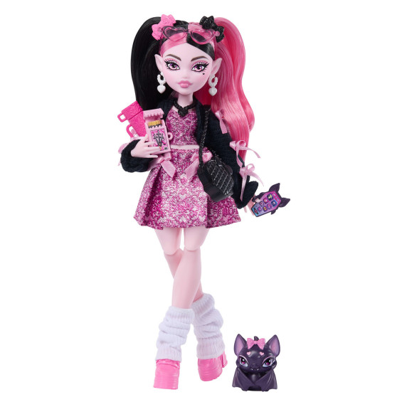 Monster High Muñeca Draculaura con Vestido con Lazos, Murciélago Mascota Count Fabulous y 7 Accesorios