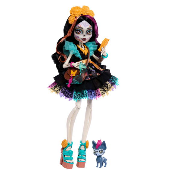 Monster High Muñeca Skelita Calaveras con Mascota Candelita y 7 Accesorios