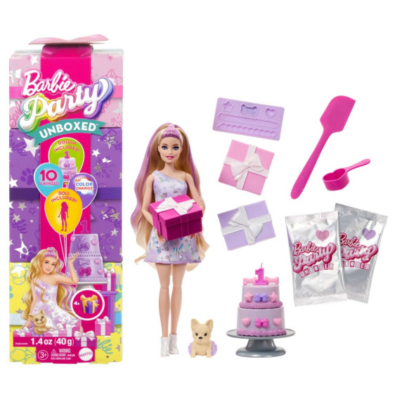 Barbie Party Unboxed Muñeca Morada con 10 Sorpresas