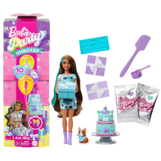 Barbie Party Unboxed Muñeca Azul con 10 Sorpresas