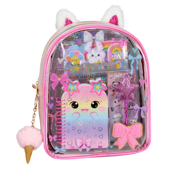 Mochila Transparente Infantil con Set de Papelería Kawaii y Brillantina
