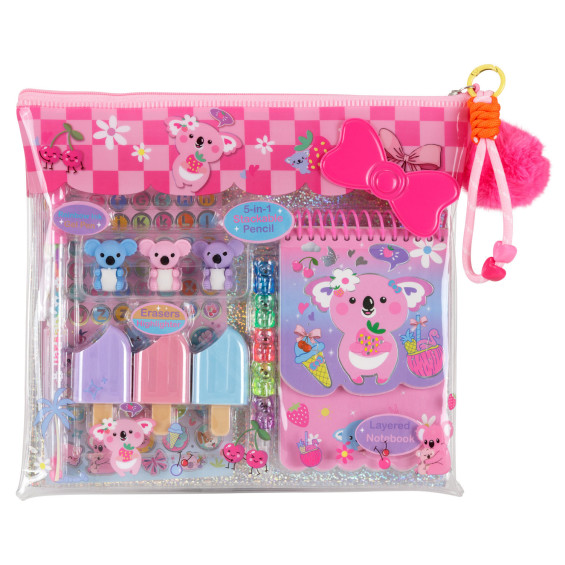 Estuche Transparente de Papelería Kawaii Koala con Cuaderno y Marcadores